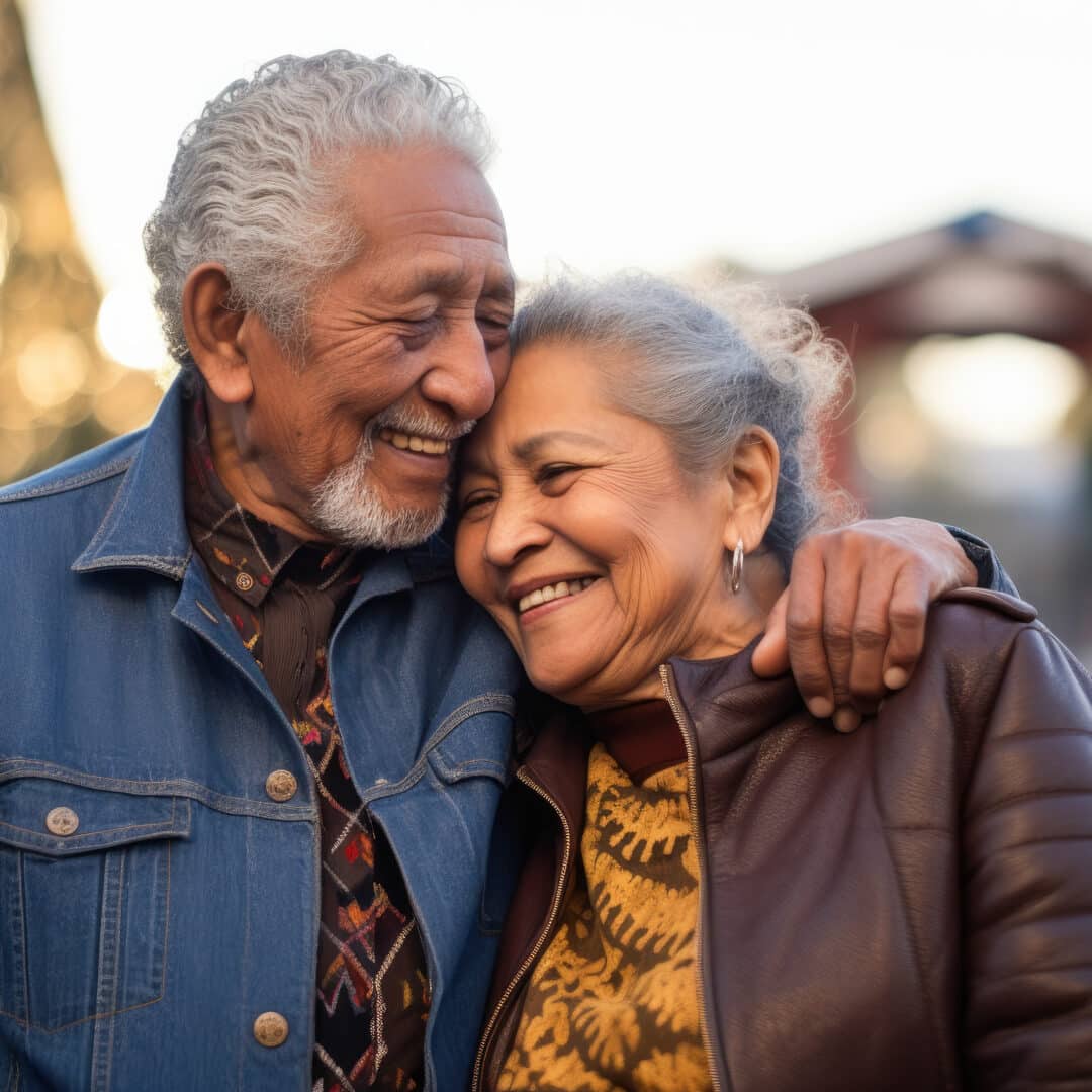 An elderly Hispanic couple enjoying outdoors, their love palpable, reflecting a Latin American immigrant's fulfilling retirement